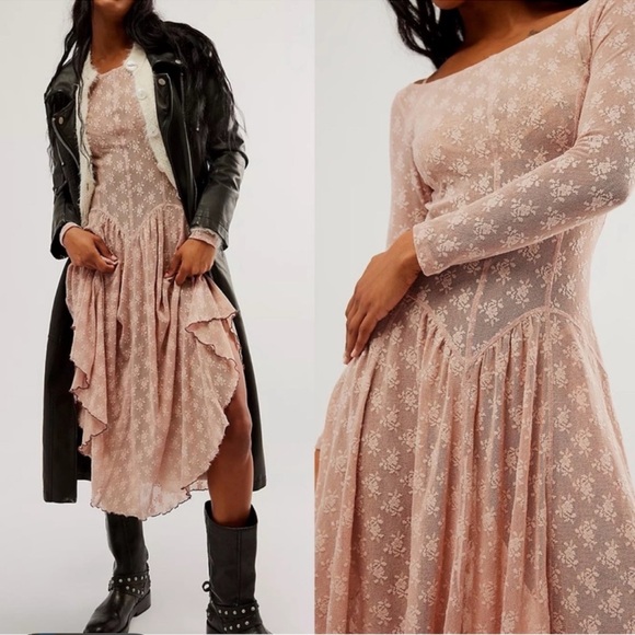 Free People Boho NWT Dial For Drama Dusty Rose Lace Midi Slip Dress | Size Med - Picture 2 of 12